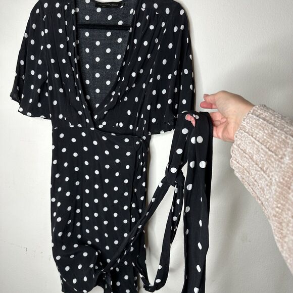 House of Harlow Black White Polka Dot Harper Wrap Mini V-neck Short Sleeve Tie L - Picture 5 of 16